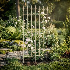 Dekoratives Rankgitter aus antik-cremefarbenem Metall für Kletterpflanzen wie Rosen und Clematis im Garten.