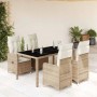 Beiges 5-tlg. vidaXL Garten-Bistro-Set mit Kissen, Rattan-Optik und Glasplatte.