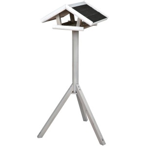Trixie Vogelfutterhaus Natura mit Ständer, grau-weiß, aus Kiefernholz mit Dachüberstand.