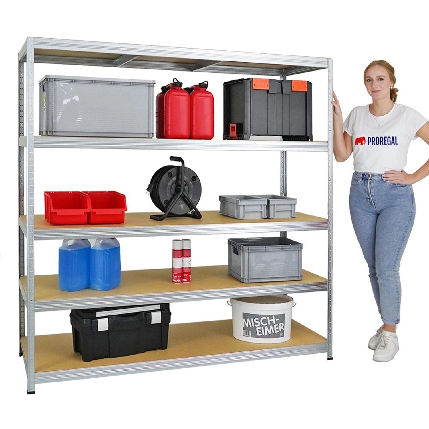 Verzinktes PROREGAL Schwerlastregal Giant Elephant 180x180x60cm mit 5 Böden und diversen Gegenständen.