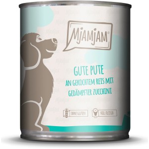 Mjamjam Hundenassfutter Pute mit Reis und Zucchini, getreidefrei im 800g Napf.