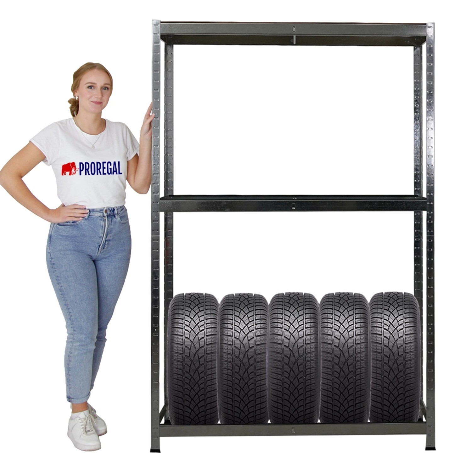 PROREGAL Reifenregal RAGNAR Set, verzinkt, für 8 Reifen auf 2 Ebenen mit Ablage.