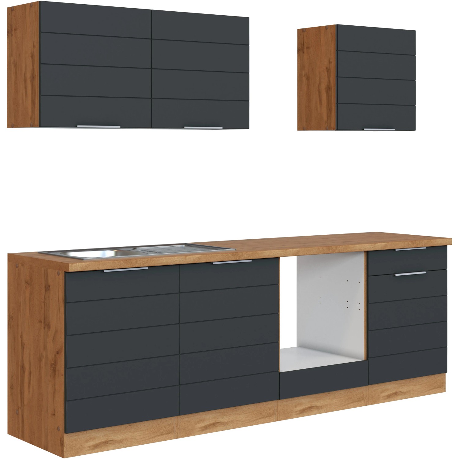 Moderne Küchenzeile in Grau und Wotaneiche, 240 cm breit, ohne E-Geräte.