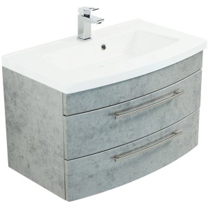 Posseik Waschplatz Luna 82 cm in Betonoptik mit zwei Schubladen und Aufsatzwaschbecken.