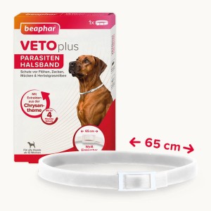 Beaphar Vetoplus Parasitenhalsband, weiß, bis 65cm, für Hunde. Schutz vor Flöhen, Zecken und Mücken.
