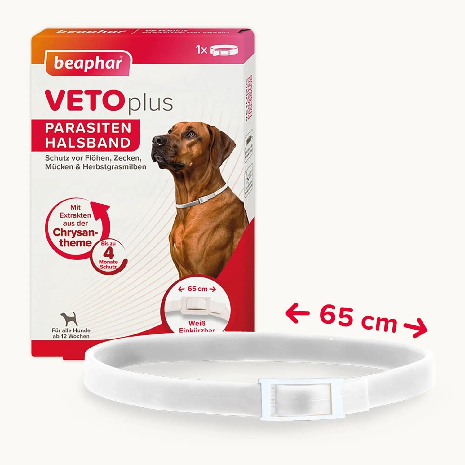 Beaphar Vetoplus Parasitenhalsband, weiß, bis 65cm, für Hunde. Schutz vor Flöhen, Zecken und Mücken.