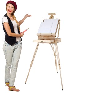 Artina Madrid Staffelei aus Kiefernholz mit Malkoffer und Holzpalette, geeignet für Keilrahmen bis 100cm.