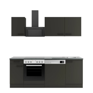 Moderne OPTIFIT Madrid420 Küchenzeile in Anthrazit mit E-Geräten und Spüle, 210 cm breit.