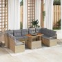 Beiges 10-teiliges Garten-Sofa-Set aus Rattan mit Tisch und Stauraum.