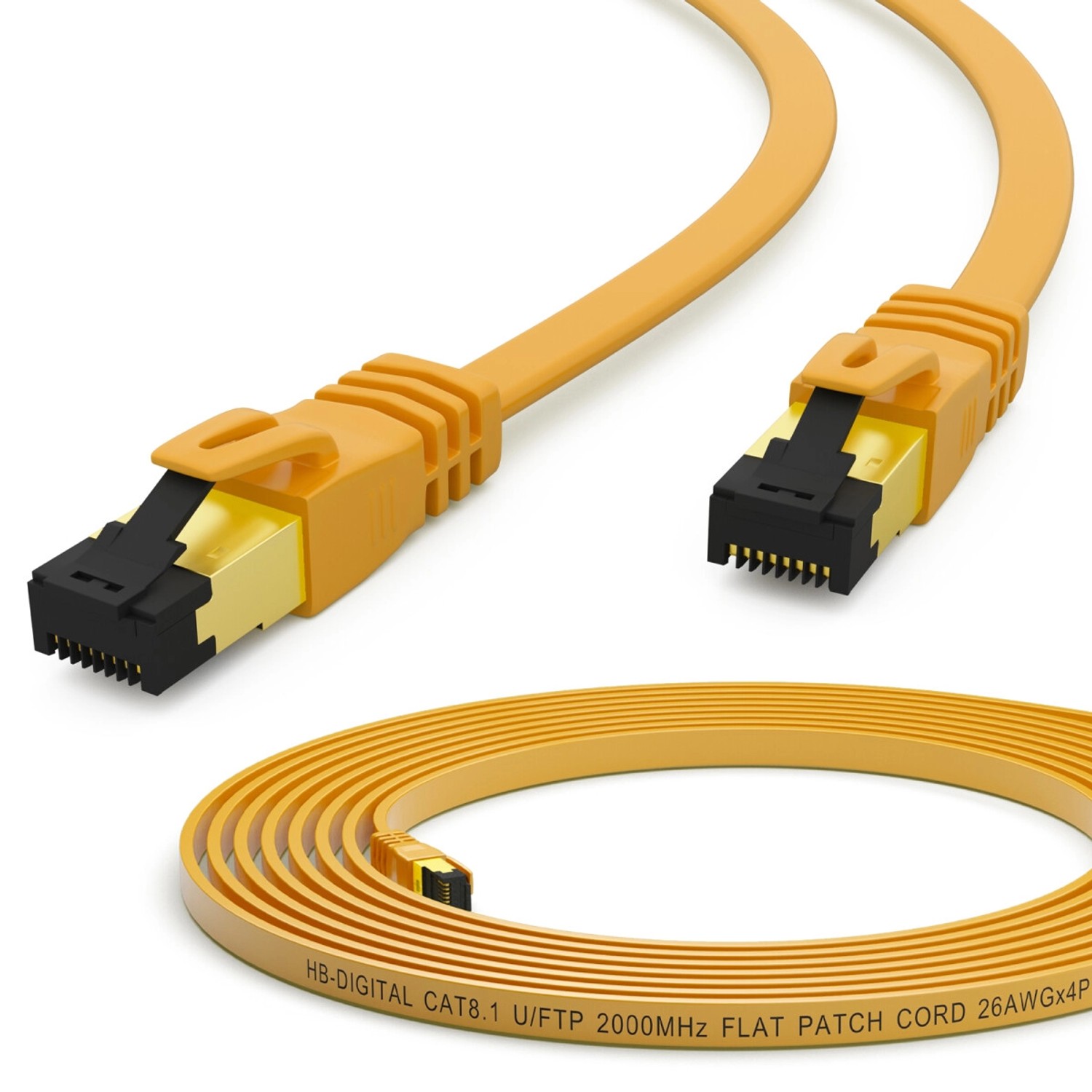 hb-digital Patchkabel 2m Flach CAT 8.1 RJ45 U/FTP PVC 40Gbps 2000 MHz Reines Kupfer Gelb