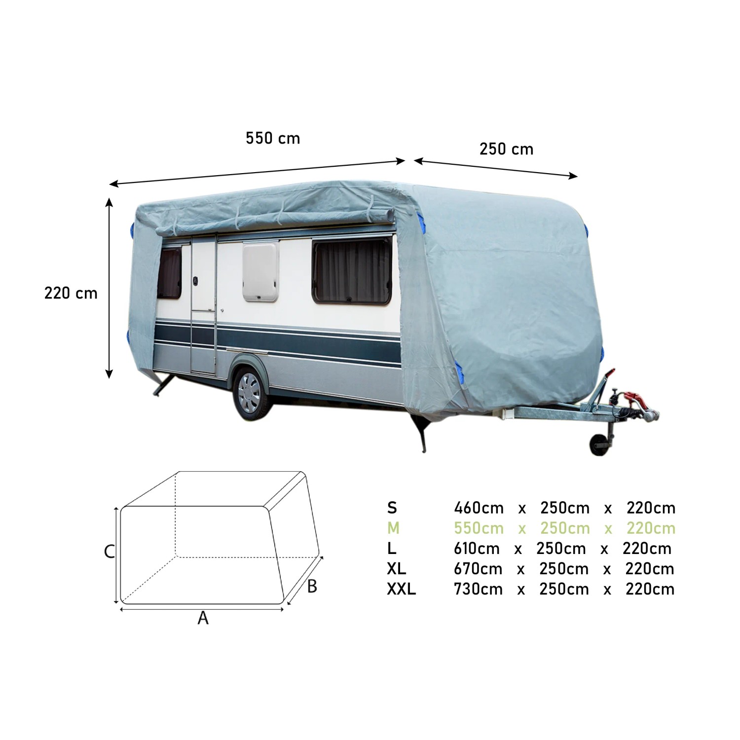 GreenYard Wohnwagen Abdeckplane M, 550x250x220 cm, grau. Schutz vor UV, Wasser und Staub.