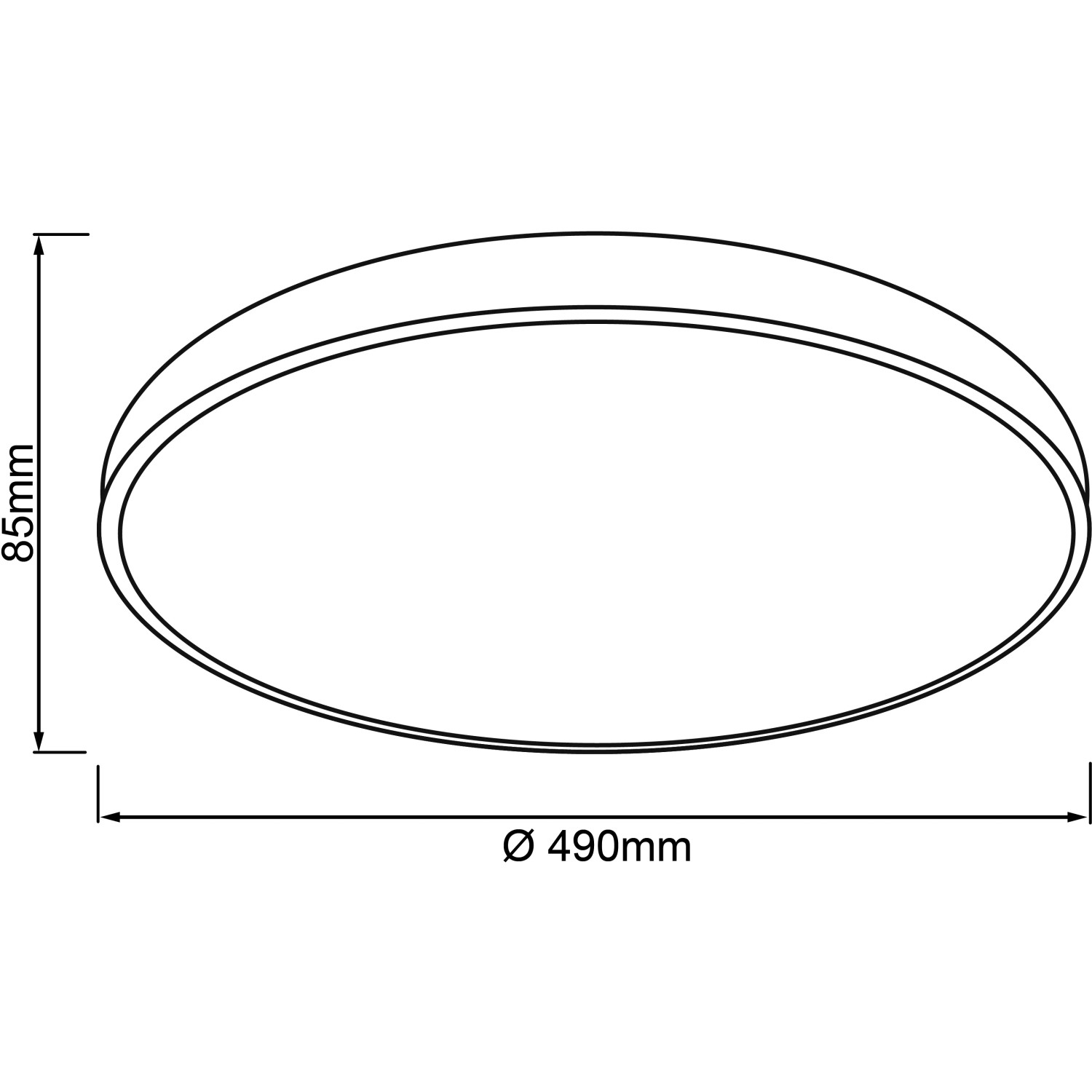 Skizze der LED-Deckenleuchte Slimline, Ø 49cm, in Weiß und Schwarz mit Maßangaben.
