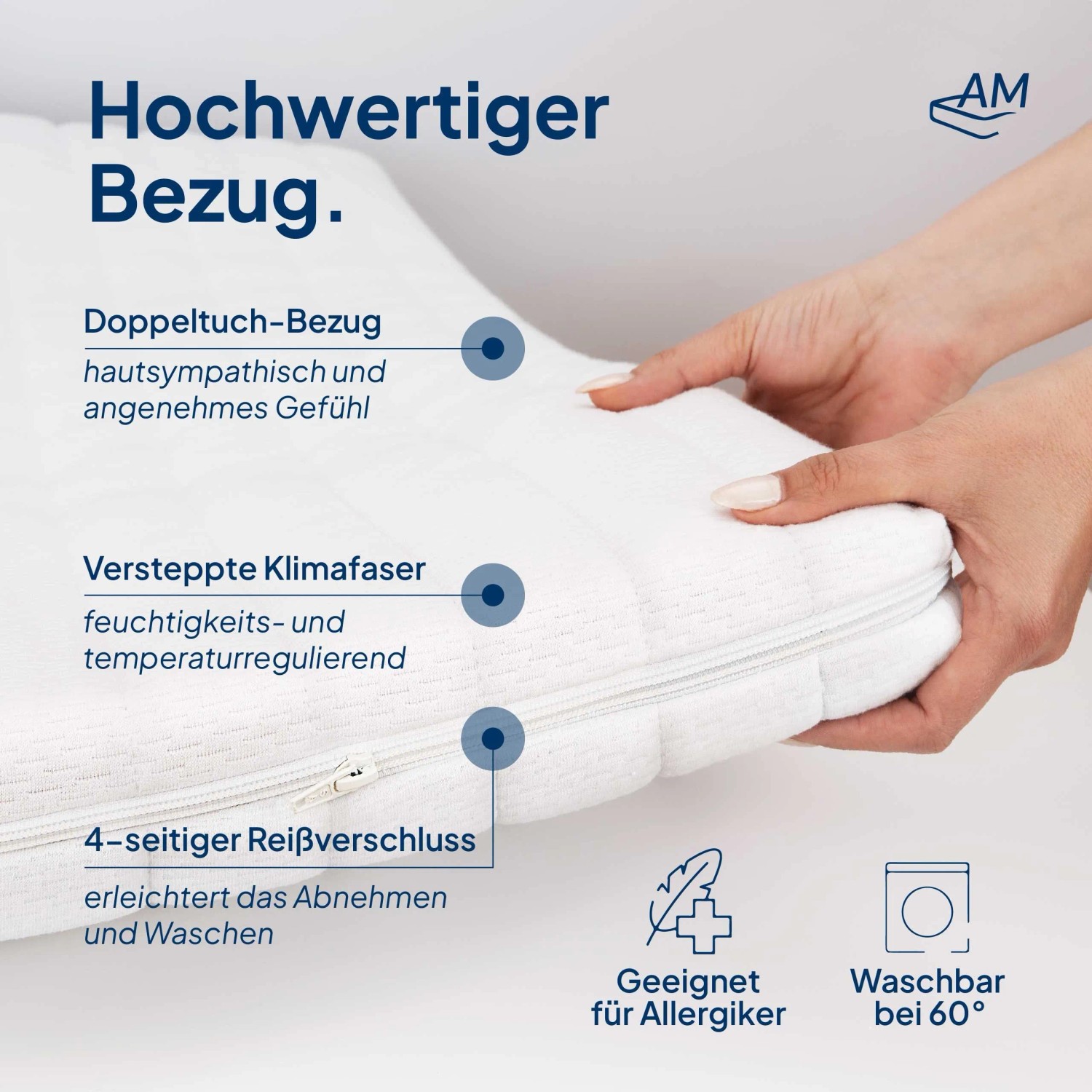 Detailaufnahme AM Visco Topper 90x200: Bezug mit Reißverschluss, Klimafaser, für Allergiker geeignet, waschbar.