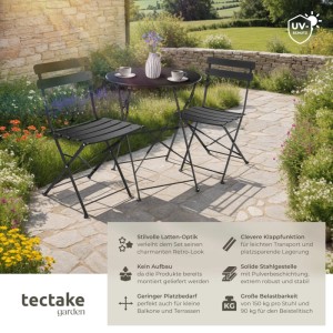 Schwarzes, klappbares Bistrotisch-Set Frieda von Tectake für 2 Personen im Garten.