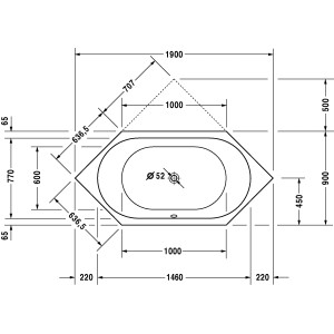 Technische Zeichnung der weißen Duravit D-Code Eckbadewanne, 190x90 cm, Einbauversion mit Maßangaben.