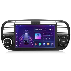 Schwarzes Junsun Autoradio für Fiat 500 mit aktivem Touchscreen, CarPlay, Android Auto, Bluetooth und GPS.