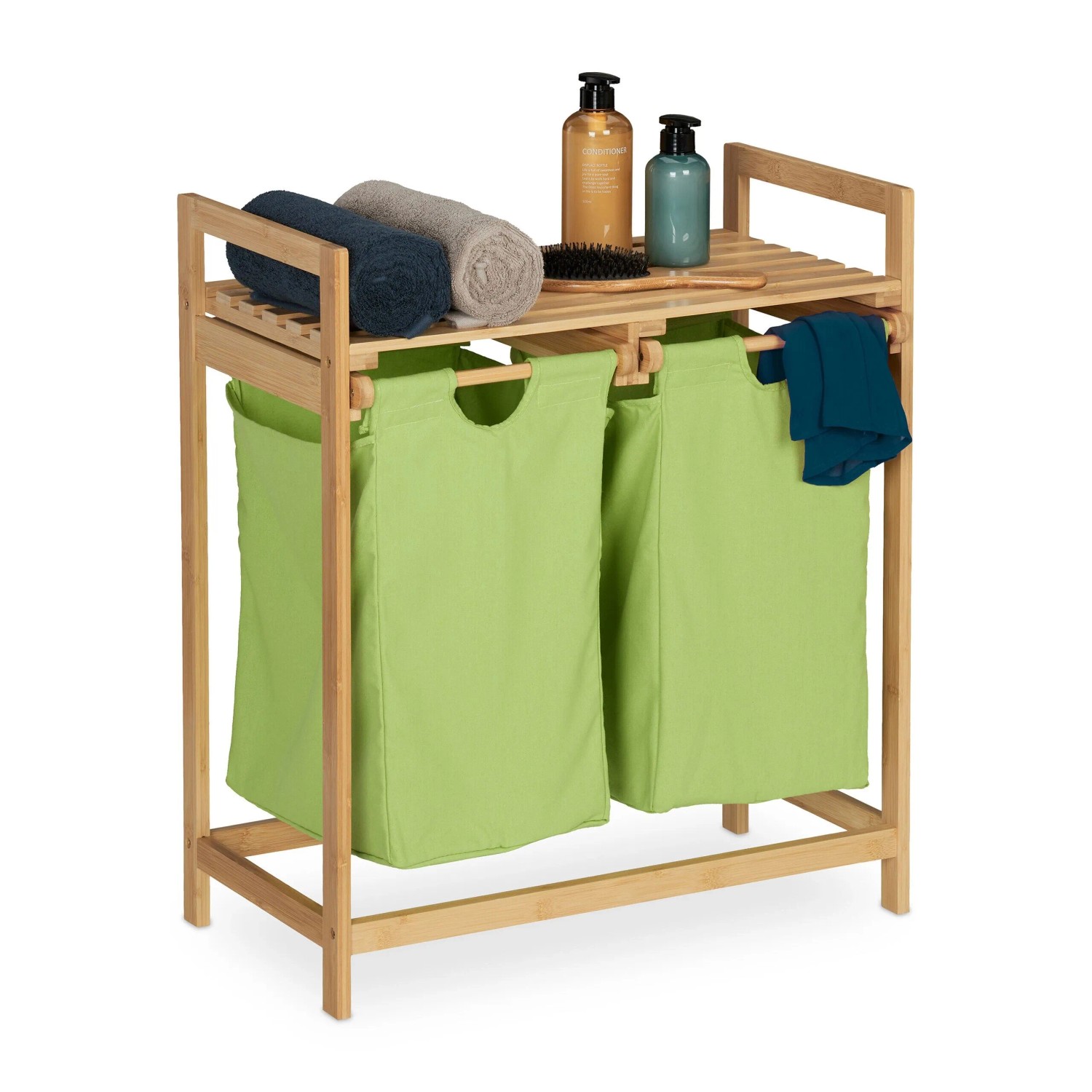 Relaxdays Wäschekorbregal Bambus Grün mit Ablage 73 cm x 64 cm x 33 cm 4,3 kg