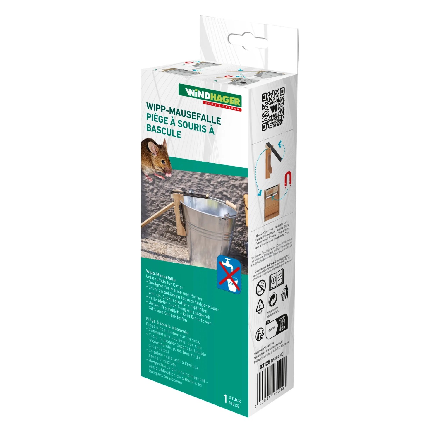 Windhager Wipp-Mausefalle im Karton, einfache, wiederverwendbare Lebendfalle für Mäuse.