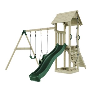 PolarPlay Spielturm Vimmerby mit Schaukel, Babyschaukel und grüner Rutsche.
