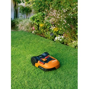 Worx Landroid M500 Mähroboter auf Rasen vor Blumenbeet. Rasenroboter mit 20 V Akku.