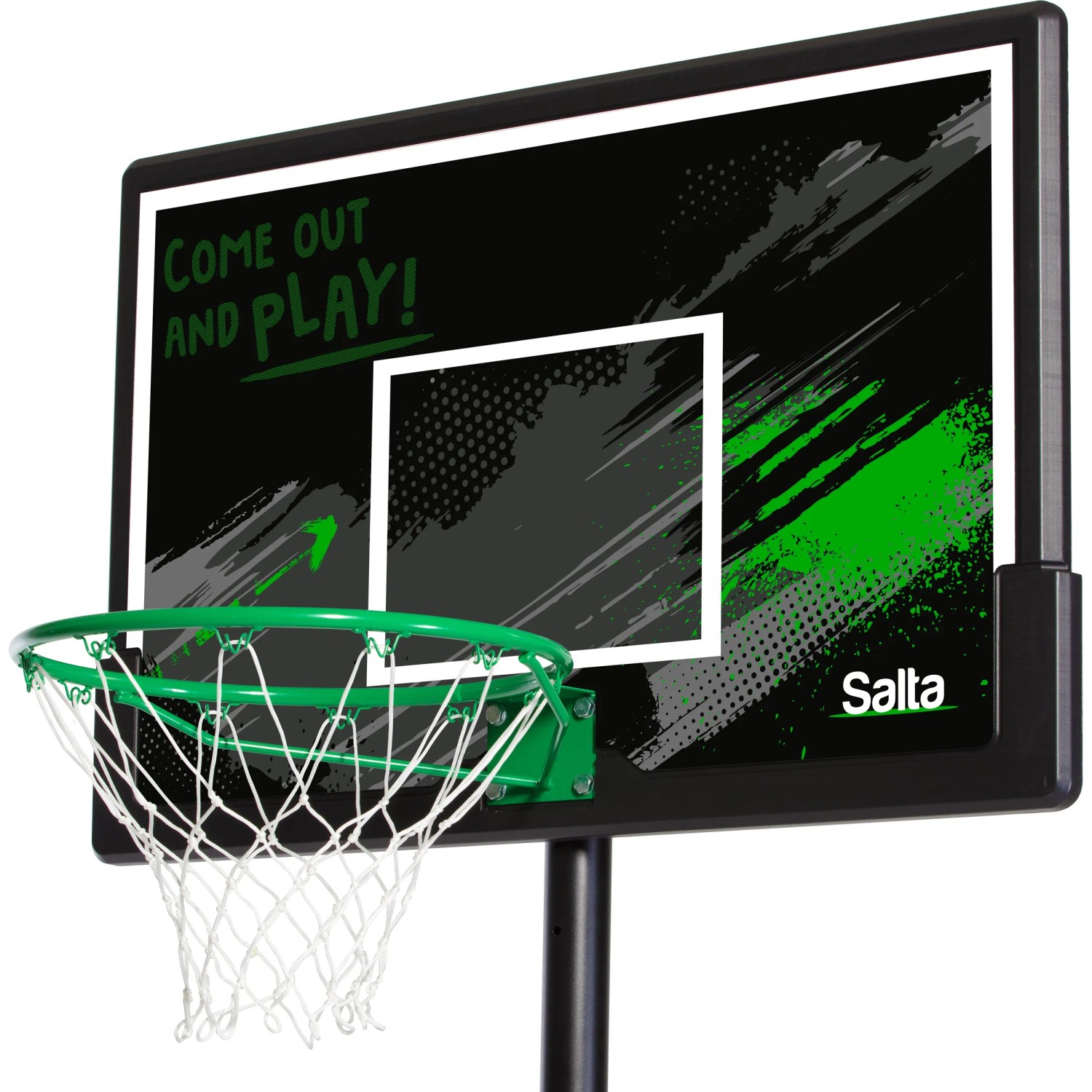 Salta Basketballständer Forward mit grünem Korb und Netz vor schwarzem Brett mit Aufschrift.