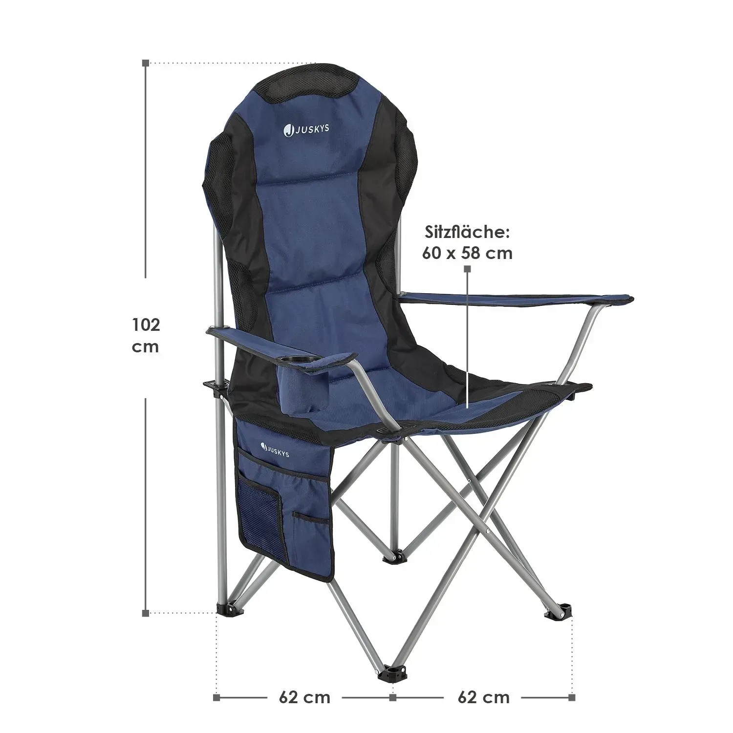 Juskys Campingstuhl Lido, dunkelblau, mit Flaschenhalter und Tragetasche. Faltbarer Outdoor Stuhl.