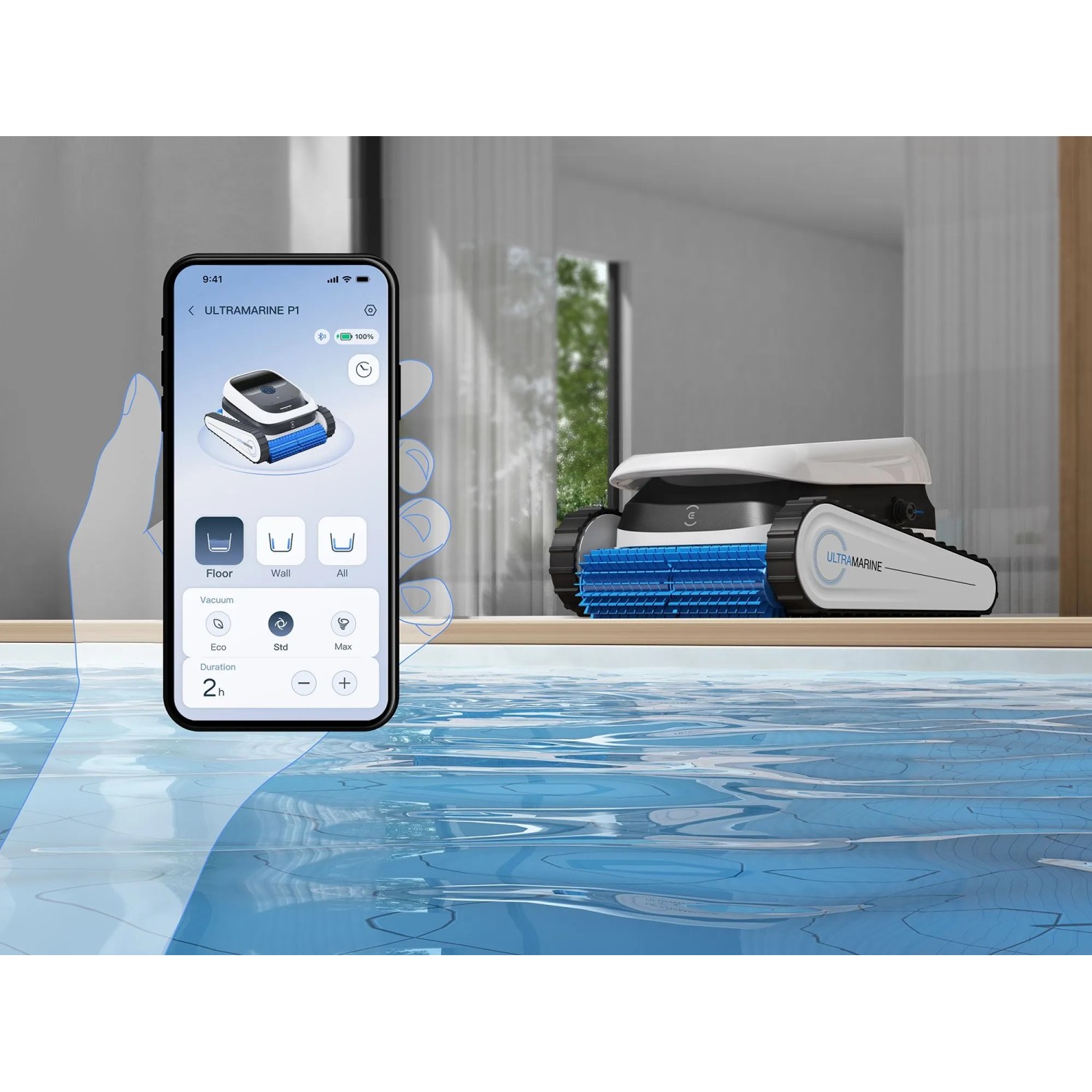 Ecovacs Poolroboter Ultramarine P1, weiß-blau, mit App-Steuerung im Pool.