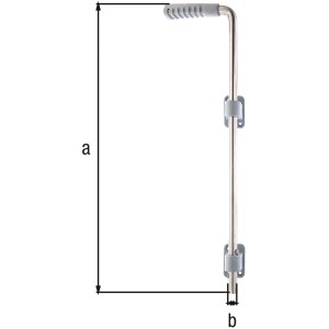 Bodenschieber aus Edelstahl, 500 mm lang, mit grauem Kunststoffgriff und Führungswinkeln.