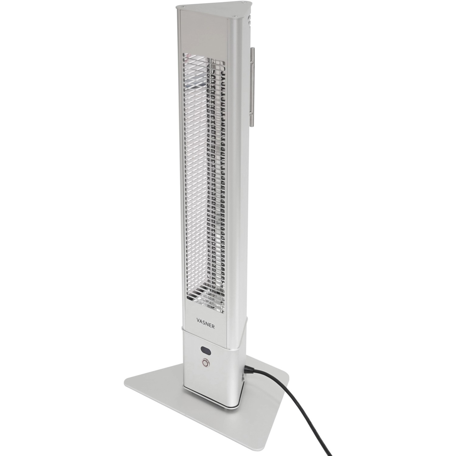 Silberner Vasner Infrarot-Standheizstrahler HeatTower 2500 W für Terrasse und Garten.