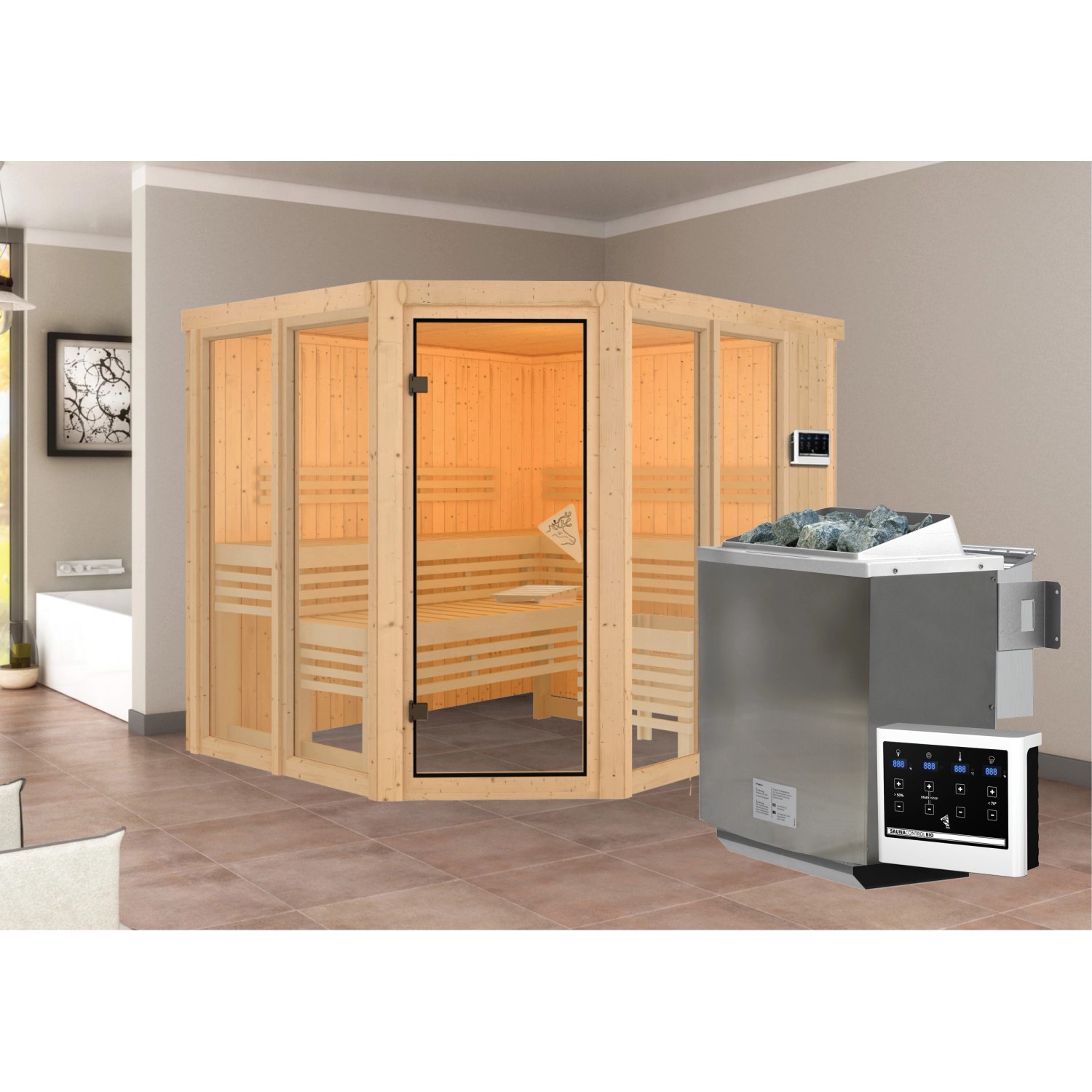 Karibu Sauna Airin 3 mit Bio-Ofen externe Stg.Natur