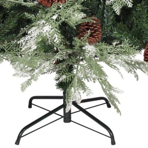 Detailaufnahme: Grün-weißer, künstlicher Weihnachtsbaum (195 cm) mit Zapfen und Stahlständer.