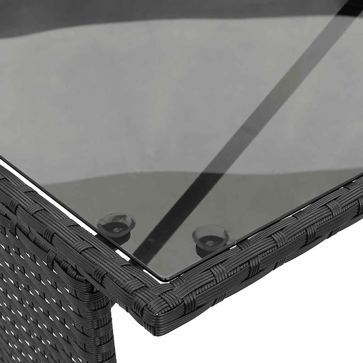 Detailansicht: Schwarze vidaXL Garten-Essgruppe mit Glasplatte und Poly Rattan Geflecht.