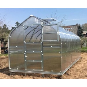 Klasika Gewächshaus 15m² mit Polycarbonat, Tür offen und Dachfenster geöffnet.