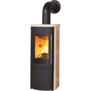 Hark Küchenofen Creme, 6 kW, mit Kacheln und Automatik. Kaminofen mit Feuer.