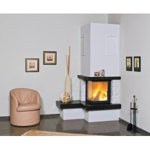 Hark Kaminofen Nebraska mit Bank links, Marmor schwarz-weiß, 8 kW, Energieeffizienzklasse A+.