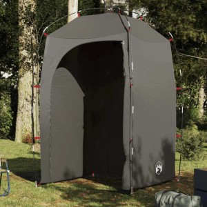 Braunes vidaXL Duschzelt aus Polyester, wasserfest, mit offenem Eingang auf dem Campingplatz. Ideal als Umkleidezelt.