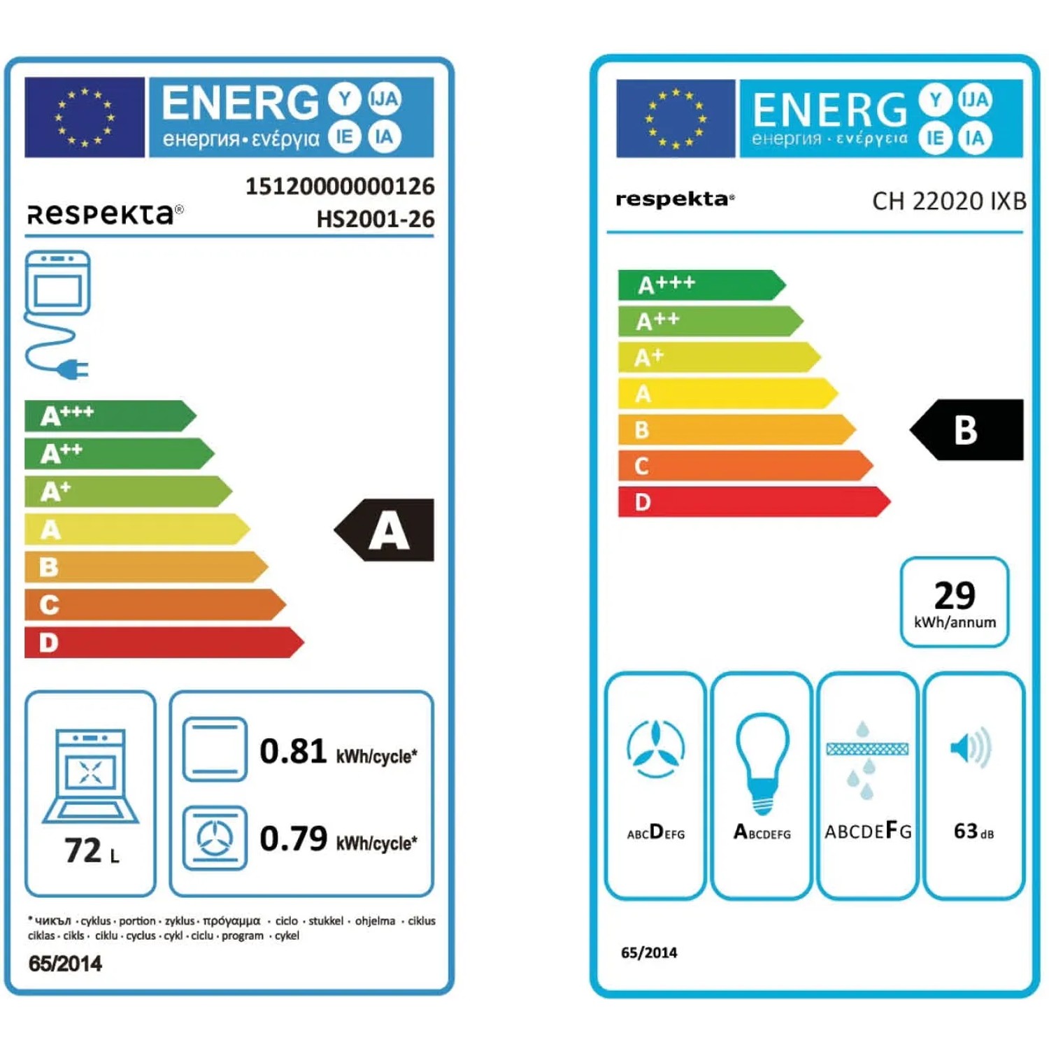 Energieetiketten für Respekta Einbauherd und Dunstabzugshaube