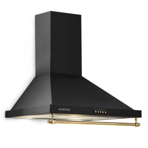 Schwarze Klarstein Montblanc Dunstabzugshaube mit Reling und LED-Beleuchtung.
