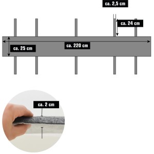 DuneDesign 2er Bierbank Auflagen Set mit Bodenschoner, Maße und Detailansicht.