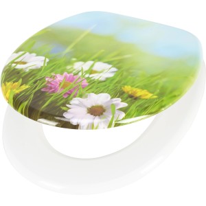 WC-Sitz Surumu mit Blumenwiese Dekor auf Holzkern, weiße Brille.