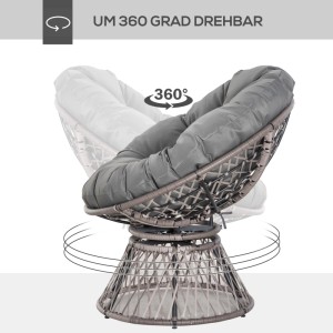 Outsunny Papasansessel mit grauem Polster, 360 Grad drehbar. Komfortabler Gartenstuhl für Entspannung.
