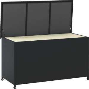 Geöffnete, schwarze Auflagenbox Buntine (1.100 l) aus Polyrattan mit beiger Innentasche.