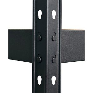 Detailaufnahme: Schwarzes Schwerlastregal mit Nietverbindung und MDF-Boden.