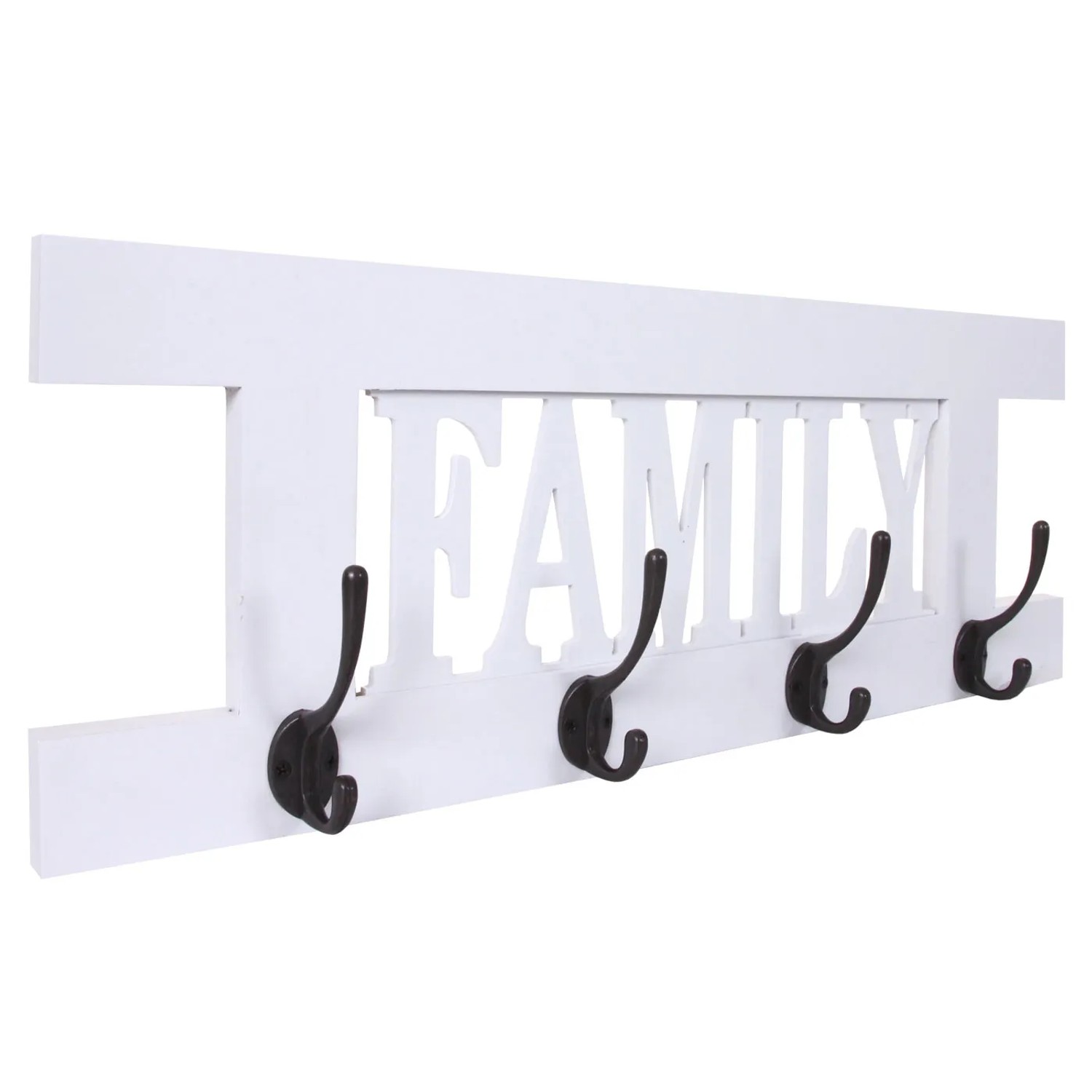 Weiße MCW Wandgarderobe im Shabby-Look mit vier Doppelhaken und dem Schriftzug "Family".