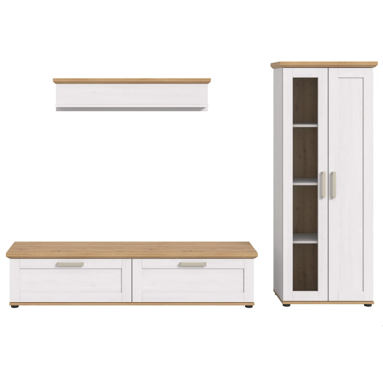 Weiße 3-teilige Wohnwand im Landhausstil: Vitrine, TV-Lowboard und Wandboard mit Eiche-Akzenten und Holzoptik.