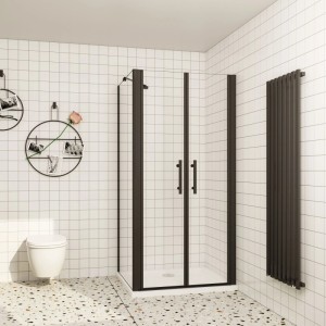 AICA Eckdusche 120x90cm mit schwarzem Rahmen, Pendeltüren aus ESG Glas. Doppeltür Eckeinstieg in modernem Bad.