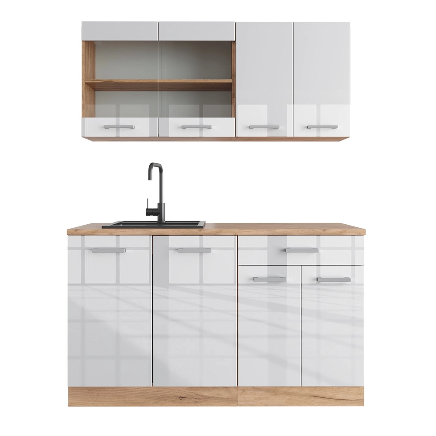 Vicco R-Line Singleküche Weiß Hochglanz/Goldkraft Eiche 140 cm ohne Arbeits günstig online kaufen