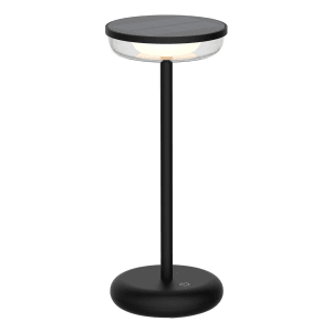 Schwarze ENOVALITE LED Tischleuchte mit Akku, Solar und USB, dimmbar, warmweiß.