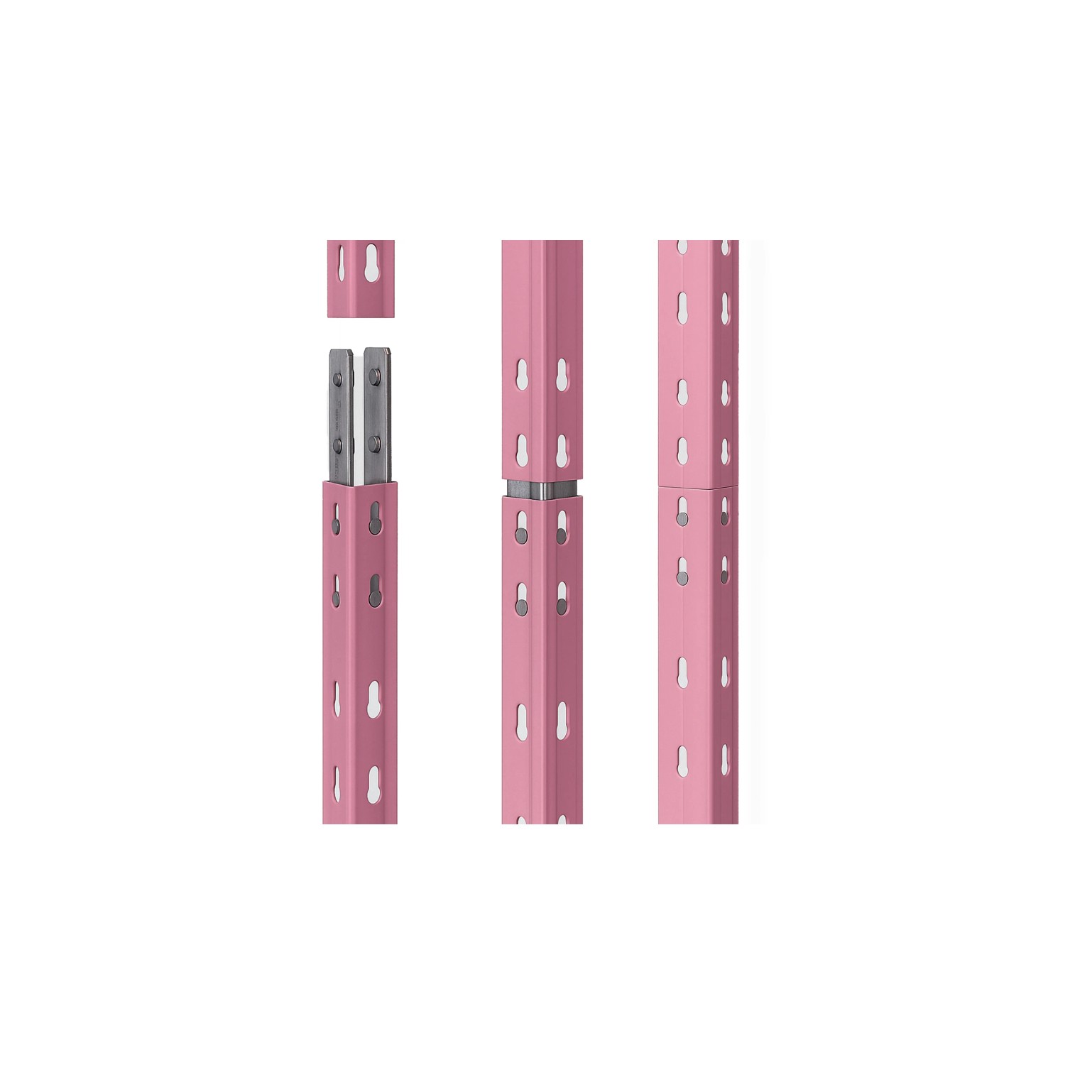 Detailaufnahme Steckregal Rivet M, rosa, zeigt Stecksystem für einfache Montage des Schwerlastregals.