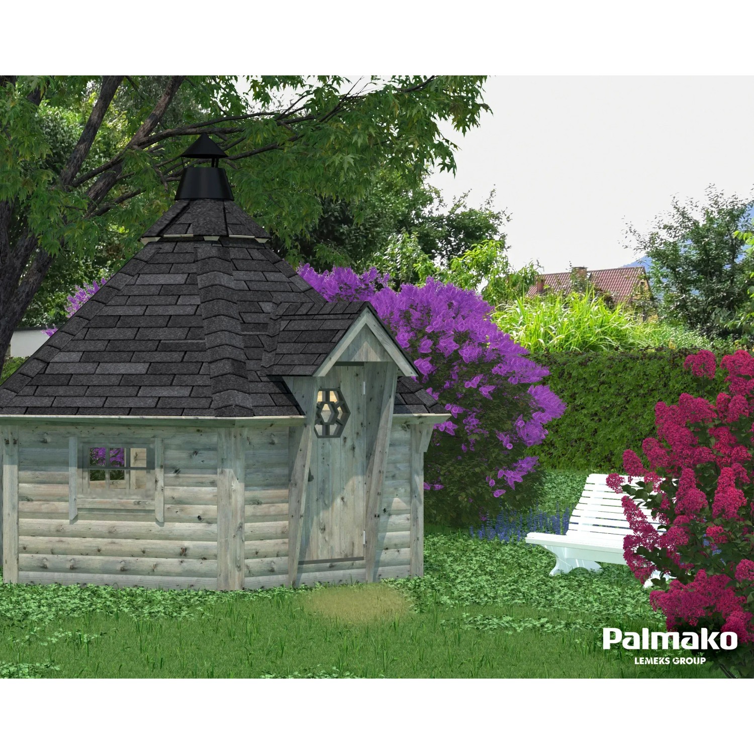 Palmako Grillkota Eva, grau tauchgrundiert, 376x326 cm. Holz-Gartenhaus mit Dach und Tür.